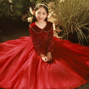 红色高级感女童礼服公主裙长袖秋冬款娃娃领主持人儿童钢琴演出服