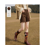 茵曼灯芯绒复古棕色短裤，女2023年冬季高腰，显瘦保暖厚款阔腿裤
