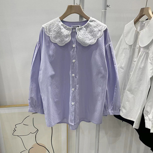 韩国春季甜美减龄蕾丝，花边娃娃领宽松长袖衬衫，女上衣外套紫色