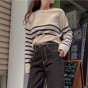 时尚起义韩国甜美简约三条纹薄针织长袖毛衣qn23100501