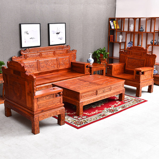 中式实木财源沙发组合榆木，电视柜农村客厅，木质家具明清古典