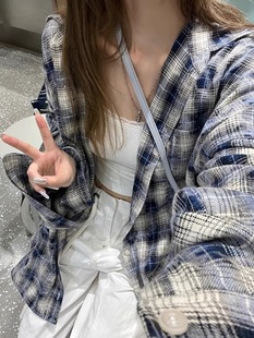 慵懒风蓝色格子衬衫外套女2024夏季宽松休闲衬衣长袖防晒上衣外套