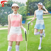 高尔夫服装女士背心无袖T恤 夏季修身显瘦翻领短袖运动粉色上衣服