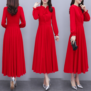大码女装2022早秋季法式红色，连衣裙长袖胖mm减龄显瘦气质长裙