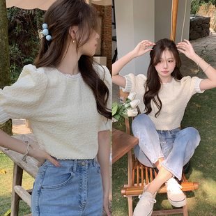 韩国chic夏季减龄小众复古气质，泡泡袖纯色珍珠，花边拼接短袖上衣