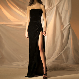 欧美高端优雅气质抹胸，长款黑色复古丝绒，晚礼服女年会宴会连衣裙