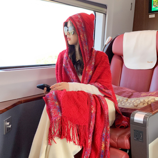 波西米亚云南旅游拍照开叉民族，风披肩女连帽红色加厚斗篷空调披风