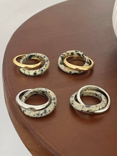 欧美大牌时髦BV风黑白天然石搭配金属圆环戒指  双圆叠戴个性指环