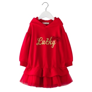 女童卫衣裙秋季儿童女宝中大童，字母红色网纱拼接连帽长袖连衣裙