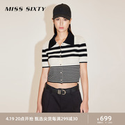 misssixty2024春季针织外套，女黑白撞色条纹，polo领短袖复古风