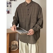 B东日系男装复古慵懒风大口袋翻领设计格子中性长袖衬衫外套衬衣