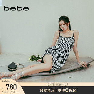 bebe夏季系列女，黑白撞色棋盘，格吊带连衣裙250021