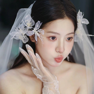 新娘头饰韩式森系唯美蕾丝绢纱羽毛头花朵边夹结婚礼白纱造型配饰