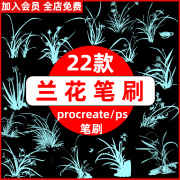 procreate+ps笔刷中国风中式山水画国画手绘水墨兰花装饰插画素材