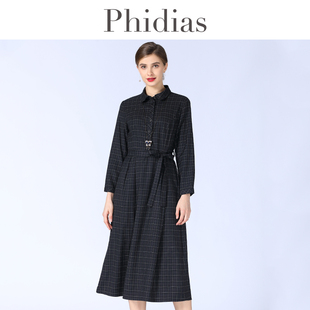 Phidias欧洲站法式复古裙子2023年春大码女装遮肚格子连衣裙