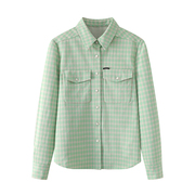 dc高端定制2024春季时尚，休闲polo领绿色，格子单排扣长袖衬衫女