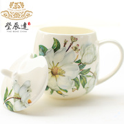 骨瓷马克杯带盖勺创意杯子，牛奶杯陶瓷，情侣水杯可爱韩版简约咖啡杯