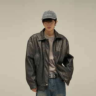 尾郎的店美式复古冷淡系高级感外套，男高街潮牌做旧棉服皮衣夹克潮