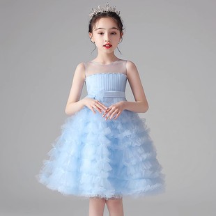 女童蓝色礼服裙主持人高端儿童晚会礼服公主裙花童婚礼小女孩礼服