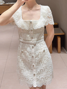 米白色水溶蕾丝性感方领短袖收腰连衣裙，女装法式复古chic短裙