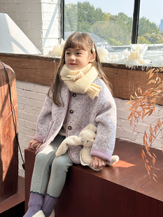儿童韩版洋气一体绒棉衣2023冬女童，加厚加绒紫色棉服宝宝棉袄外套