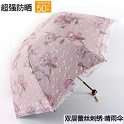 韩国公主蕾丝太阳伞，女超强防晒防紫外线，三折黑胶遮阳伞洋伞晴雨伞