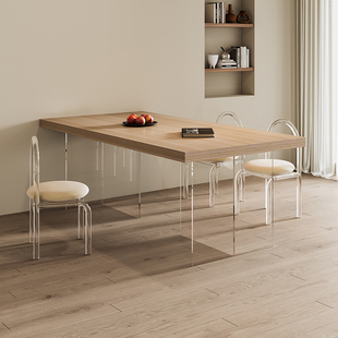 侘寂风亚克力木纹岩板餐桌，家用现代简约高端轻奢长方形悬浮西餐桌