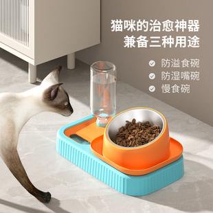 猫咪自动喂食器饮水机一体宠物狗食盆双喂食碗用品不锈钢保护颈椎