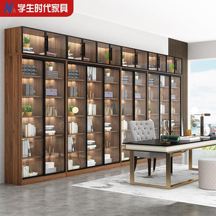 书柜落地玻璃门背景墙定制实木，移门推拉门书橱客厅，一体展示柜书架