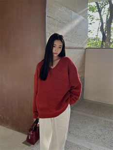 T.TOO韩版V领保暖红色毛衣女2023宽松长袖圈圈毛针织衫上衣