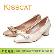 KISSCAT接吻猫2024春款低跟粗跟羊皮尖头蝴蝶结浅口女鞋单鞋