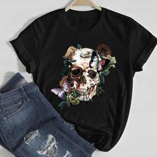 skullflowertshirt夏季黑色，短袖个性骷髅花，t恤小众风圆领体恤