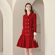 连衣裙2021韩版收腰显瘦时尚气质红色，长袖中长款流行衬衫裙子