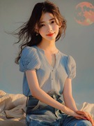 浅蓝色条纹短袖t恤2024甜美韩系独特别致上衣小个子夏季