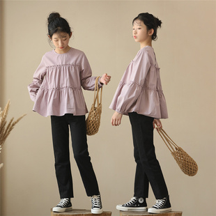 女童长袖T恤秋季2024韩版中大童母女装衬衫娃娃衫女孩泡泡袖衬衣