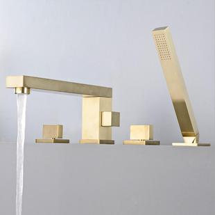 浴缸分体式水龙头套装三四孔坐式可旋转全铜方形，金色淋浴花洒
