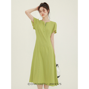 chachastu法式气质设计感绿色连衣裙，女夏季短袖中长款显身材裙子