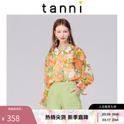 tanni女士衬衫印花雪纺衬衣设计感小众喇叭袖港风夏季TK11SH812A
