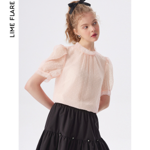 莱茵2023夏季肌理感粉色，蕾丝衫上衣，商场同款雪纺衬衫甜美气质