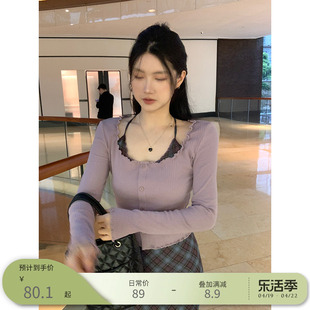 王少女的店粉紫色挂脖假两件针织衫2024春季纯欲辣妹显瘦短款上衣