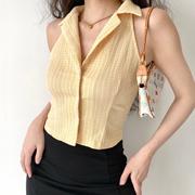 gogirlgo自制80s复古黄色，格子翻领无袖，衬衫女夏季修身短款上衣