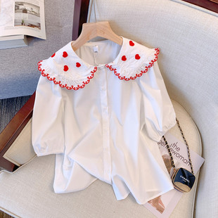 白色短袖圆领衬衫女2023夏季洋气清纯甜美减龄法式泡泡袖上衣