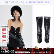 SleepOverSleep时尚黑色漆皮长款手套小众百搭CHENSHOP设计师品牌