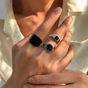男士3件套黑色宝石戒指，套装欧美复古潮人个性小众设计指环组合