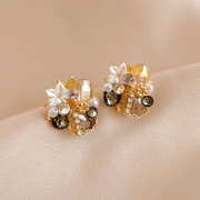 925银针复古水晶镶水钻花朵，几何耳饰品女欧美时尚高级感气质耳环