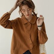 复古日系磨毛Polo领衬衫女秋季宽松显瘦上衣慵懒短款长袖衬衣
