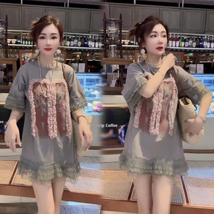 欧洲站2023韩版洋气蕾丝短袖中长款宽松T恤女夏时尚圆领卫衣