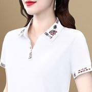 中年女士短袖白色，t恤女夏季品牌，洋气polo衫大码别致上衣