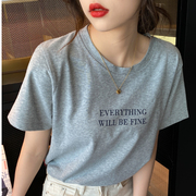 黑色圆领短袖t恤女夏季韩版网红字母宽松上衣i超火纯色百搭