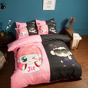 卡通情侣四件套双人床笠，1.8米婚庆粉色床上用品，少女学生床单3件套